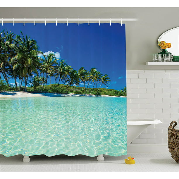 Polyester Fabric Bathroom Shower Curtain Set with Hooks Turquoise Green Ambesonne Ocean Decor Collection Image of a Sunny Day in a Tropical Island with Palm Trees and Ocean Heaven Calm Lands 